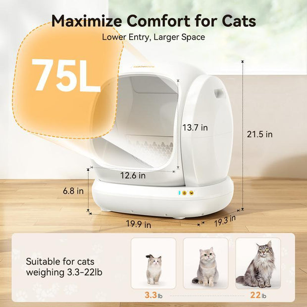 Meowant SC02 75L Extra Large Self-Cleaning Cat Litter Box with APP Control,Odor Removal,And Included Mat&Liner for Multiple Cats Stainless Steel